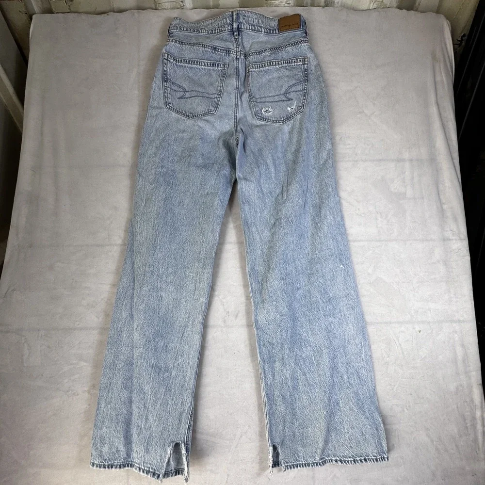 American Eagle Womens Wide-Leg Jeans Light Blue Denim High-Rise Baggy Ripped 2 - Picture 2 of 16